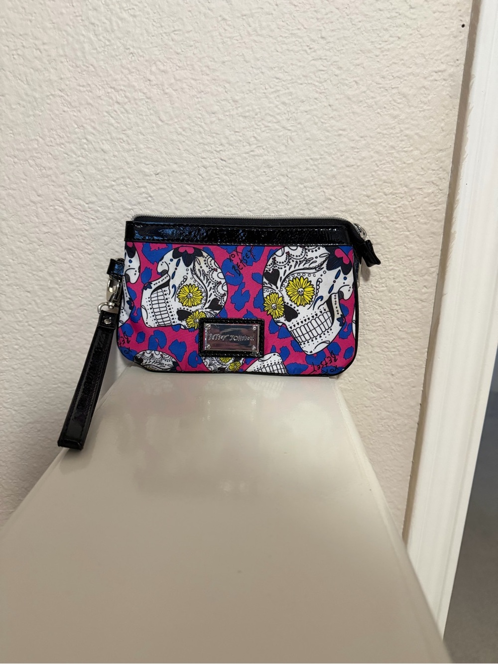 Betsey Johnson Pink Sugar Skull Wristlet Clutch with Black Strap